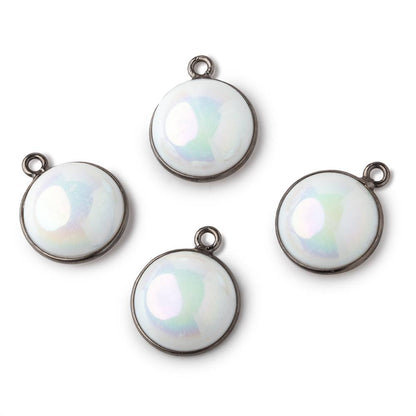 13mm Black Gold Bezel Mystic Grey Blue Opal Coin Cabochon Pendant 1 piece