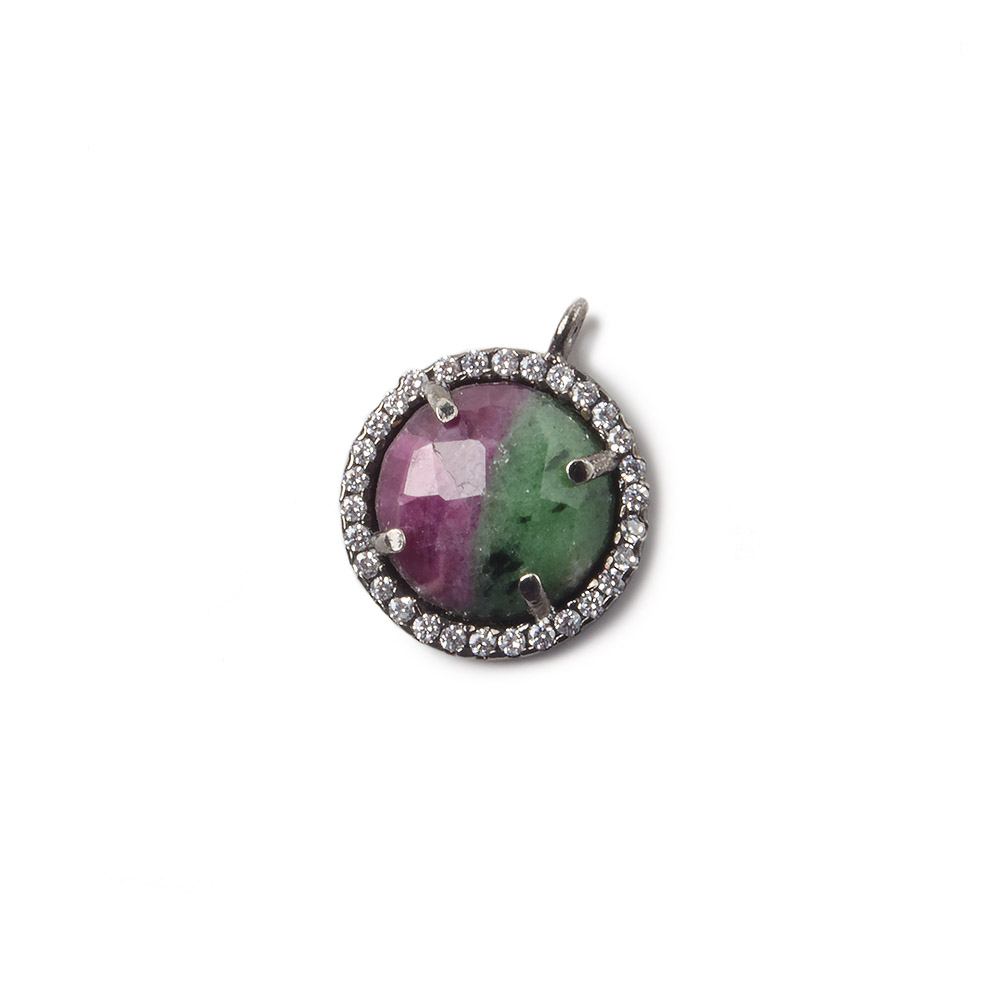 13mm Black Gold Bezel White CZ and Ruby in Zoisite Coin Pendant 1 focal bead