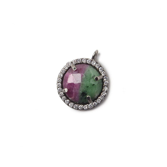 13mm Black Gold Bezel White CZ and Ruby in Zoisite Coin Pendant 1 focal bead