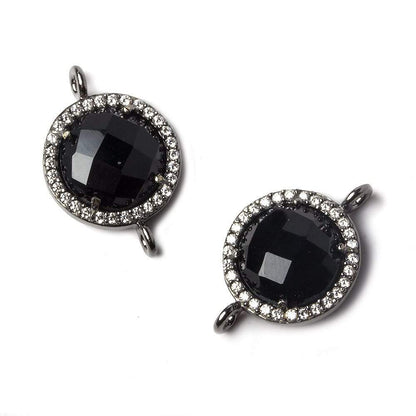 13mm Black Gold Bezeled White CZ and Black Chalcedony Coin Connector 1 piece