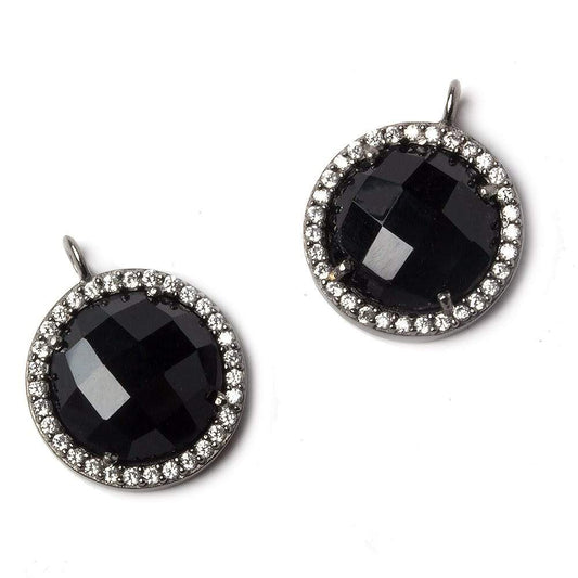 13mm Black Gold Bezeled White CZ and Black Chalcedony Coin Pendant 1 piece