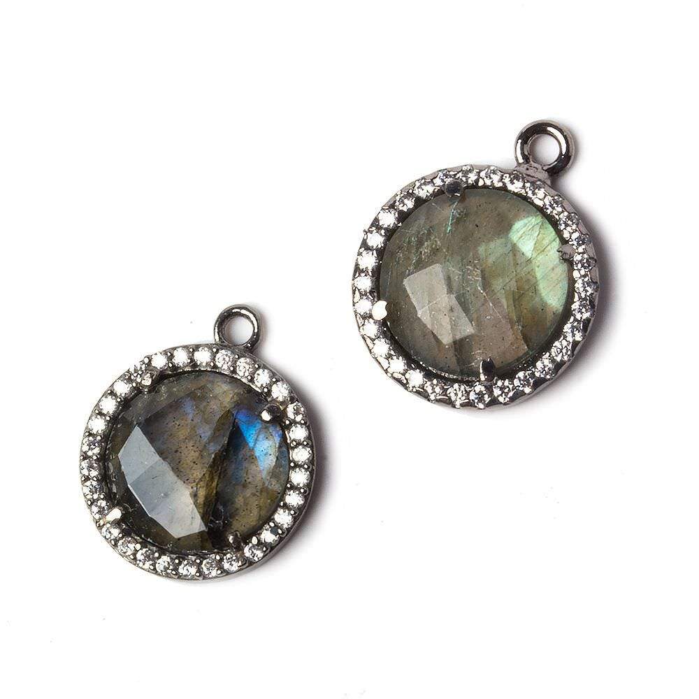 13mm Black Gold Bezeled White CZ and Labradorite Coin Pendant 1 piece