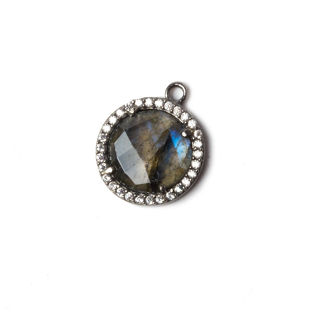 13mm Black Gold Bezeled White CZ and Labradorite Coin Pendant 1 piece