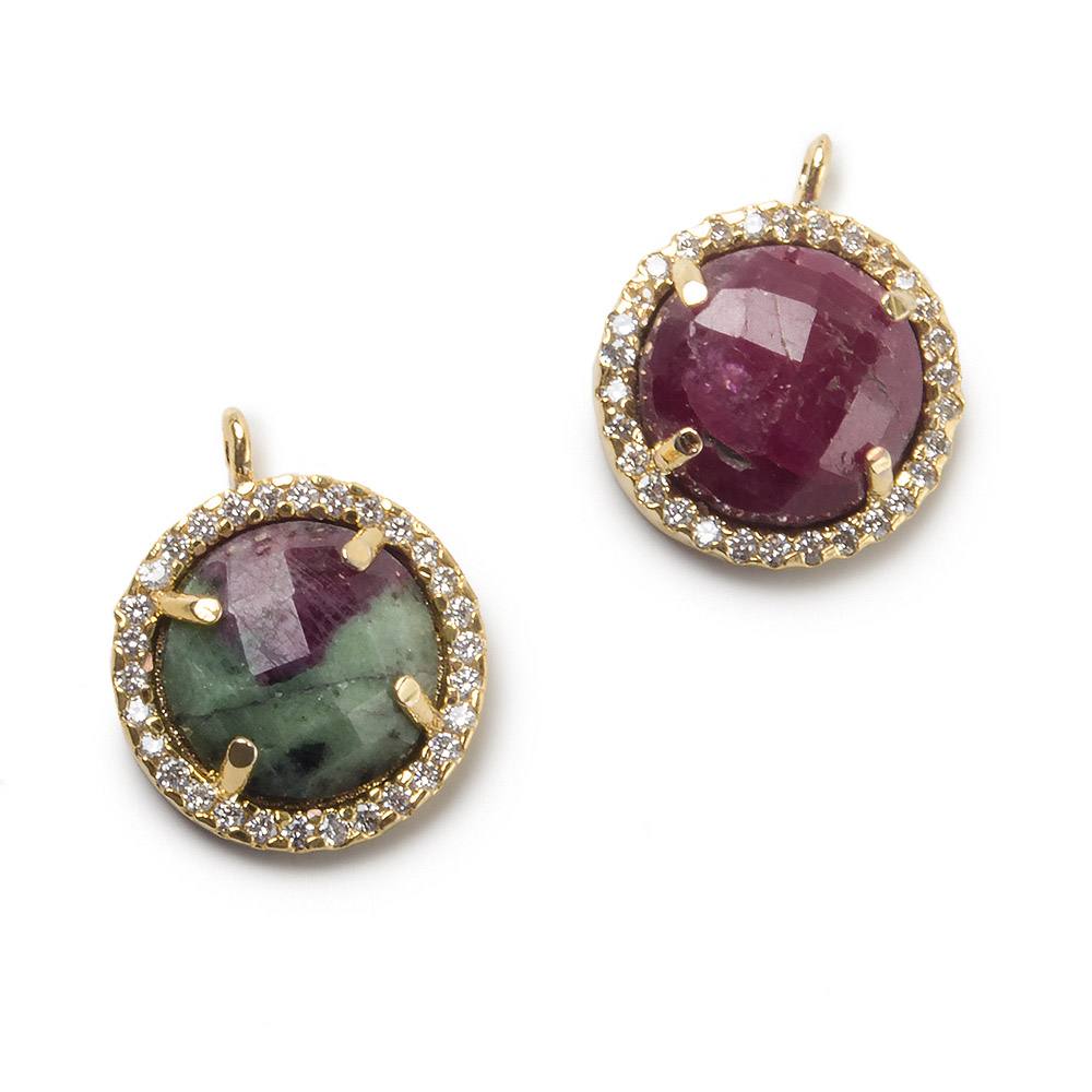 13mm Gold Bezel White CZ and Ruby in Zoisite Coin Pendant 1 focal bead