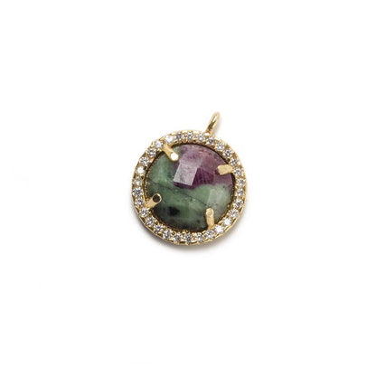 13mm Gold Bezel White CZ and Ruby in Zoisite Coin Pendant 1 focal bead
