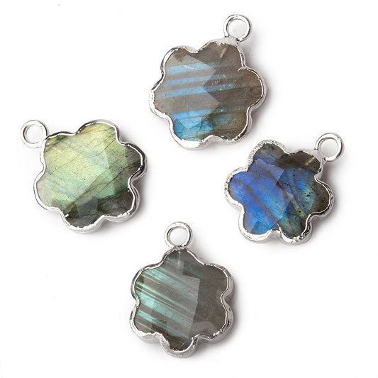 13mm Silver Leafed Labradorite Faceted Quatrafoil Focal Bead Pendant sold as 1 piece