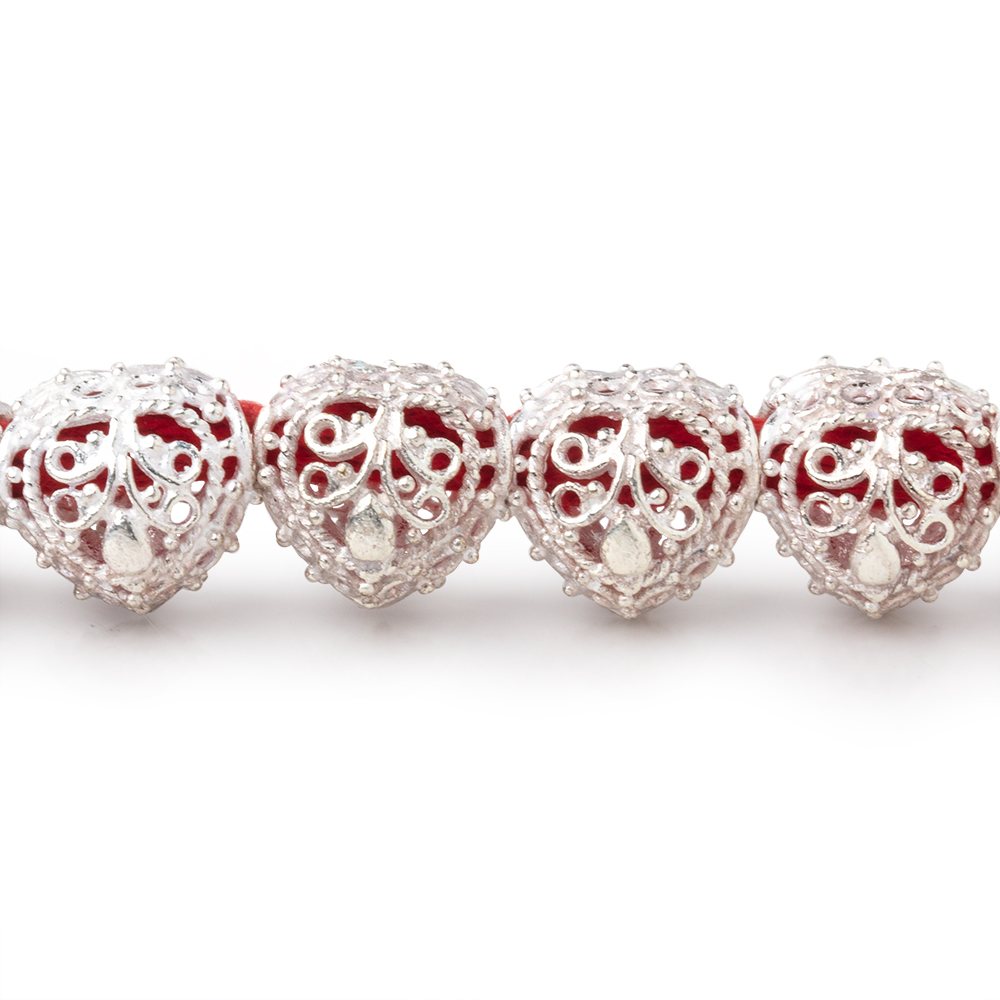 13mm Sterling Silver Plated Copper Filigree Heart 8 inch 16 Beads