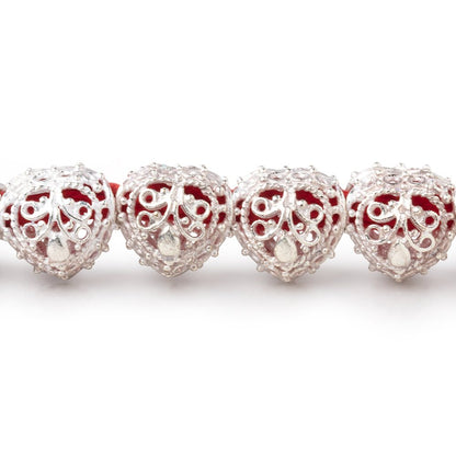 13mm Sterling Silver Plated Copper Filigree Heart 8 inch 16 Beads