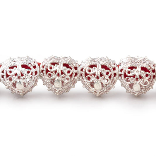 13mm Sterling Silver Plated Copper Filigree Heart 8 inch 16 Beads