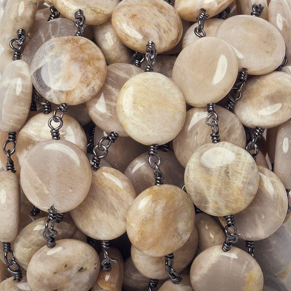 13mm Sunstone Feldspar plain coin Black Gold Chain by the foot 15 beads