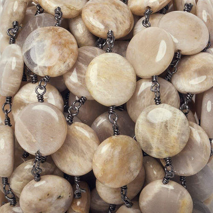 13mm Sunstone Feldspar plain coin Black Gold Chain by the foot 15 beads