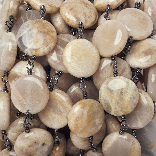 13mm Sunstone Feldspar plain coin Black Gold Chain by the foot 15 beads