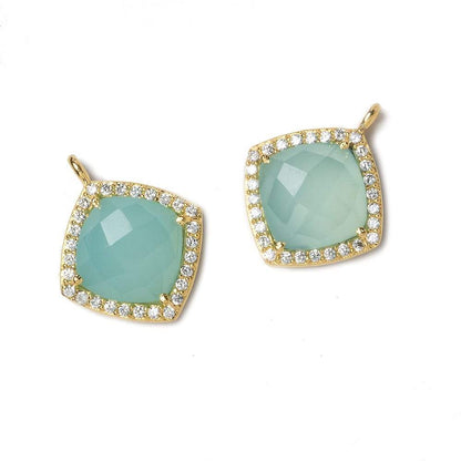 13x13mm Gold Bezeled White CZ and Aqua Chalcedony Pillow Pendant 1 piece