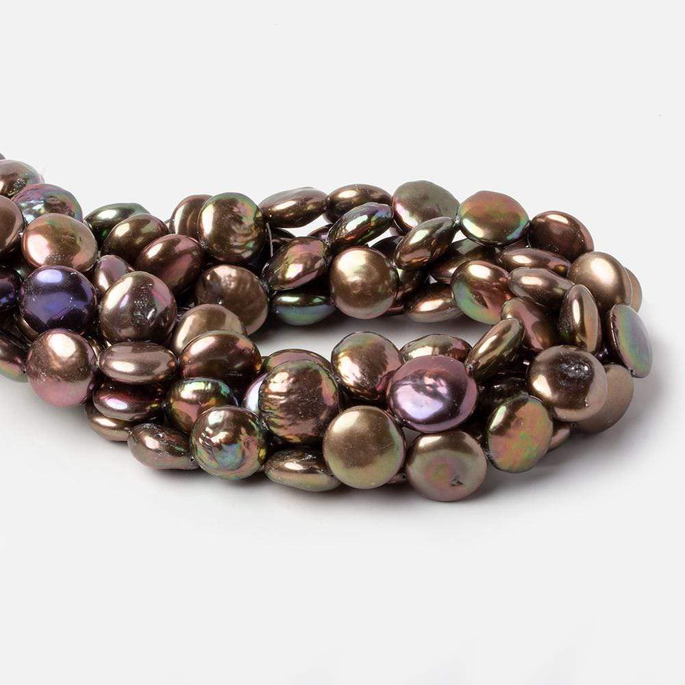13x14mm Chocolate Brown Iridescent Coin Freshwater Pearls 16 inch 27 pieces A Quality