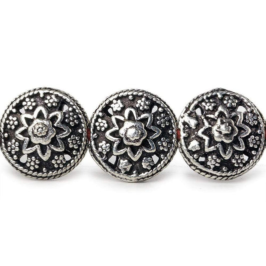 13x7mm Antiqued Sterling Silver Plated Copper Bead Floral Disc 8 inch 16 pcs