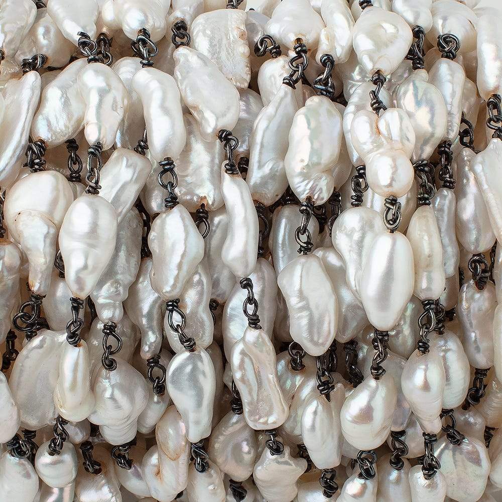 13x7mm Off White Biwa Pearls on Black Gold .925 Chain by the Foot 15 pieces
