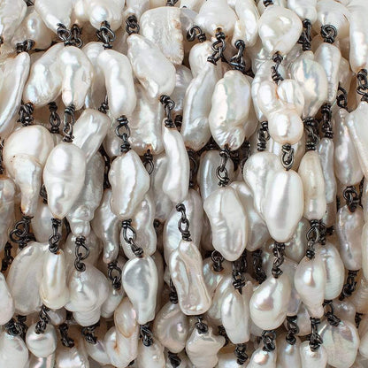 13x7mm Off White Biwa Pearls on Black Gold .925 Chain by the Foot 15 pieces