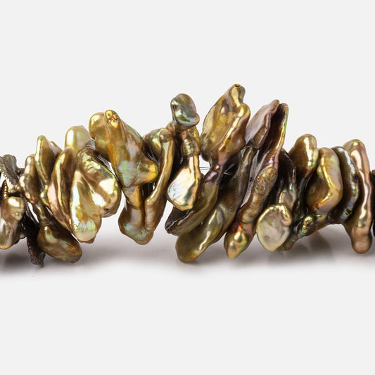 14-30mm Golden Green Center Drilled Keshi Freshwater Pearls 16 inch 122 pieces