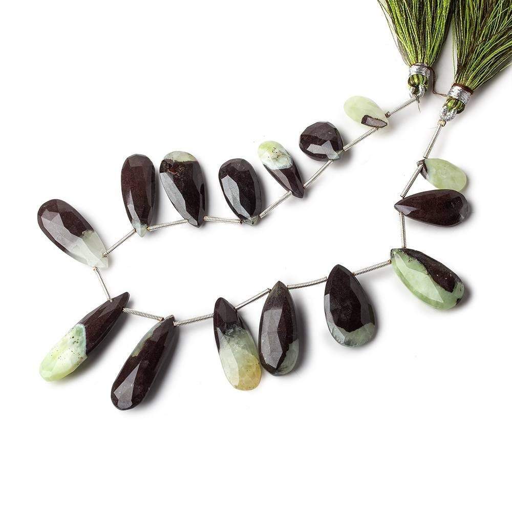 14-32mm Prehnite And Iron Ore Matrix Faceted Pears 8.5 inch 14 pieces