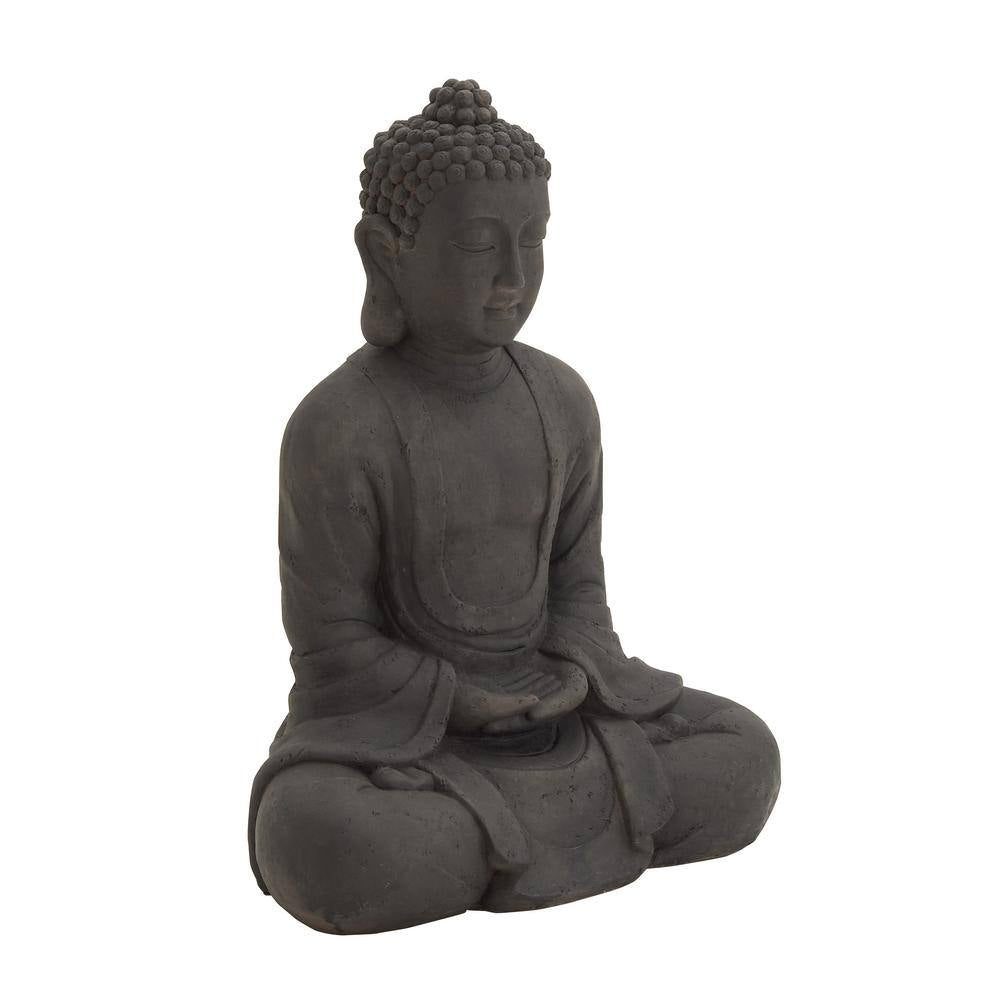 Brown Polystone Meditating Buddha Sculpture with Engraved Carvings and Relief Detailing
