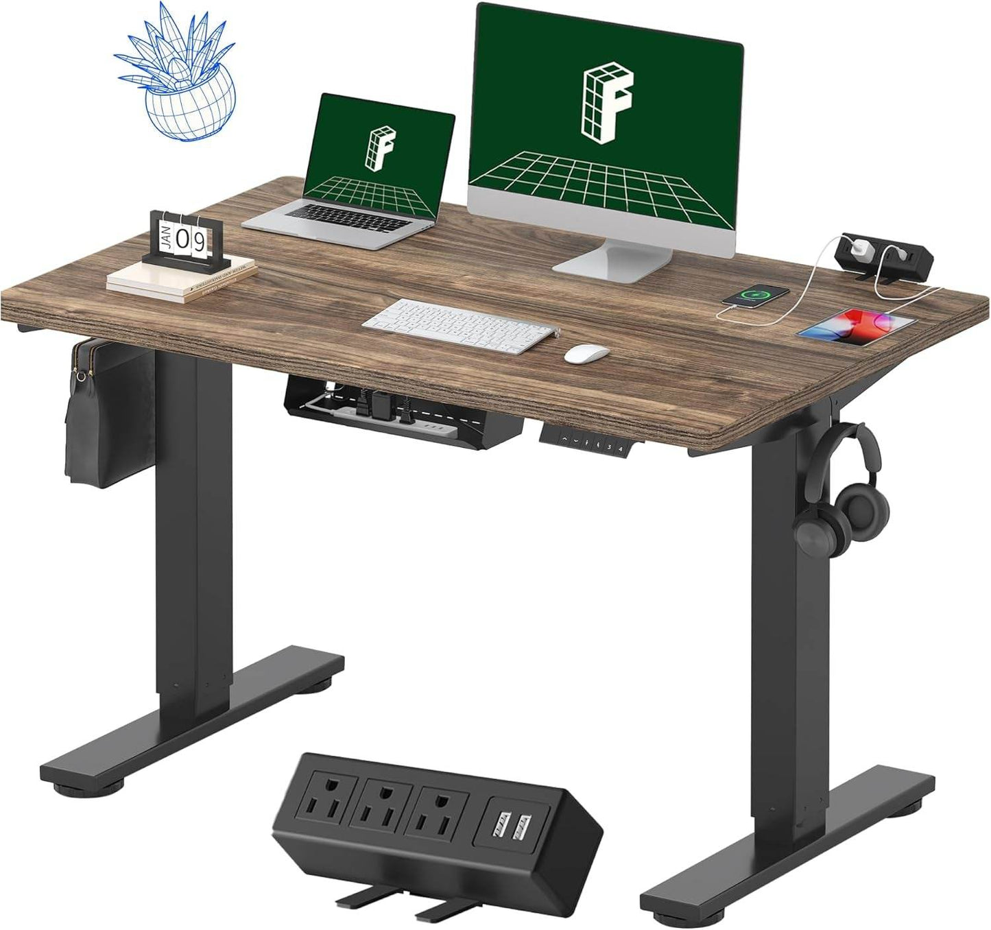 EN2 Height Adjustable Electric Standing Desk - 48"x30" with Clamp Power Strip & Cable Management (Gray Frame + Mahogany Top)