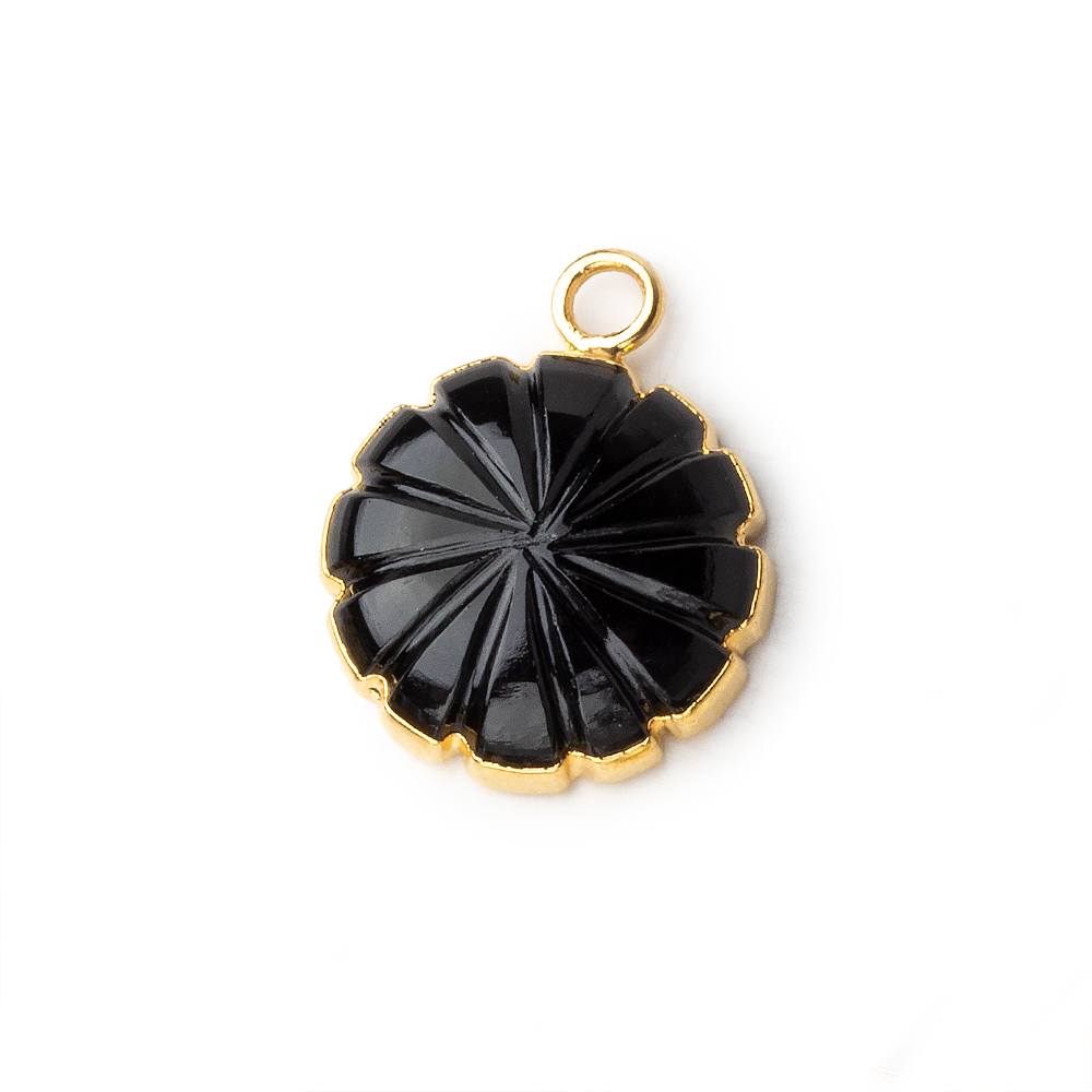 14mm 22kt Gold Leafed Black Chalcedony carved floral coin Pendant 1 focal bead