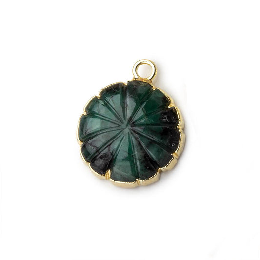 14mm 22kt Gold Leafed Brazilian Emerald carved floral coin Pendant 1 focal bead