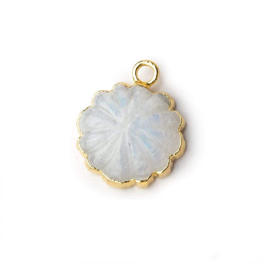 14mm 22kt Gold Leafed Rainbow Moonstone carved floral coin Pendant 1 focal bead