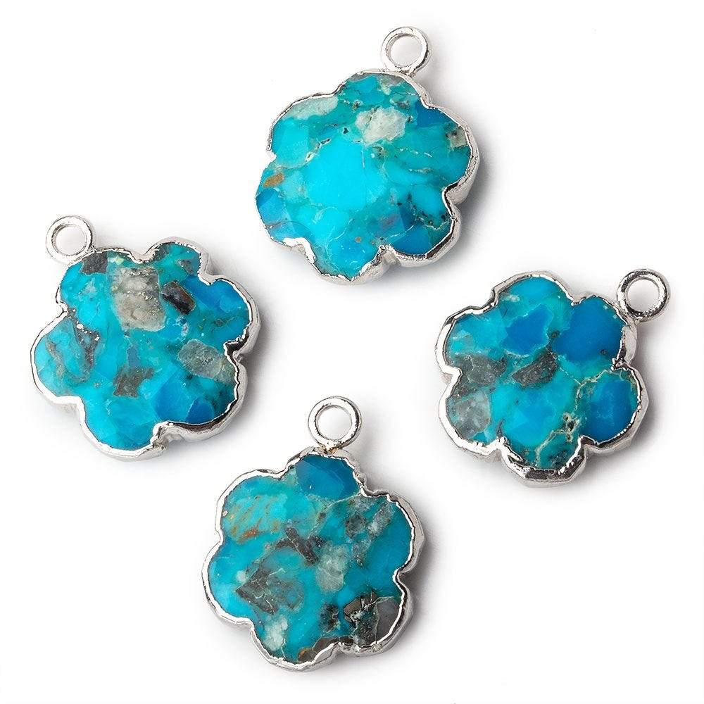 14mm Silver Leafed Enhanced Turquoise Faceted Quatrafoil Focal Bead Pendant sold as 1 piece