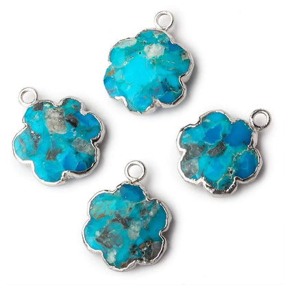 14mm Silver Leafed Enhanced Turquoise Faceted Quatrafoil Focal Bead Pendant sold as 1 piece