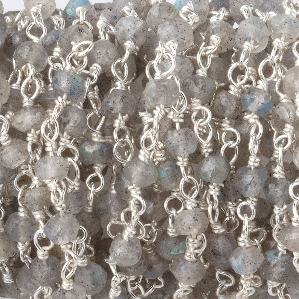 3mm Light Labradorite faceted rondelle .925 Silver Chain by the foot