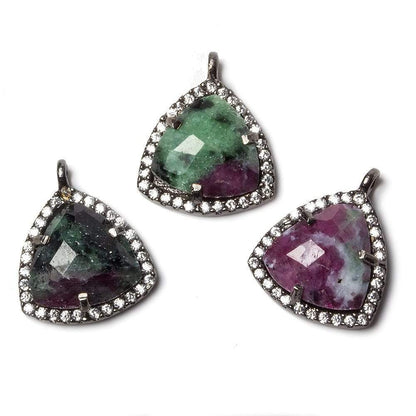 15.5mm Black Gold Bezel White CZ and Ruby Zoisite Triangle Pendant 1 piece