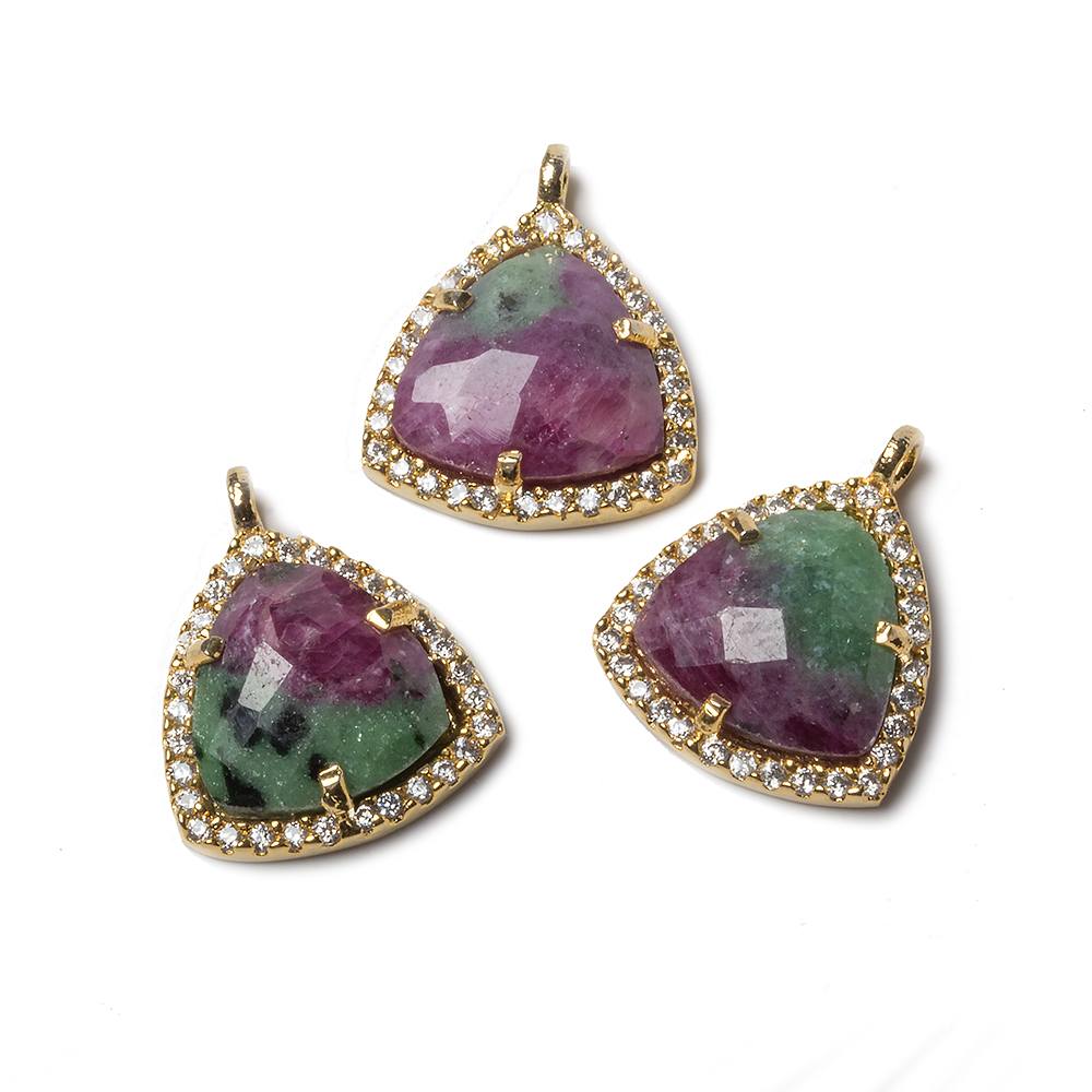15.5mm Gold Bezel White CZ and Ruby Zoisite Triangle Pendant 1 piece