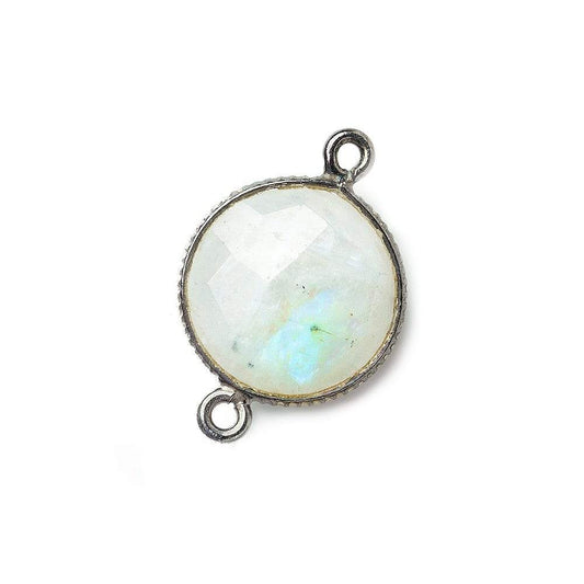 15mm Black Gold .925 Corrugated Bezel Rainbow Moonstone Coin 2 ring Connector 1 pc