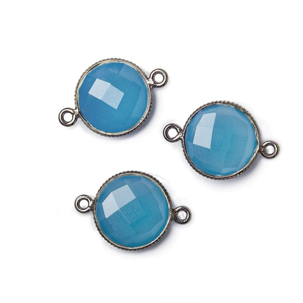 15mm Black Gold .925 Corrugated Bezel Santorini Blue Chalcedony Coin 2 ring Connector 1 pc