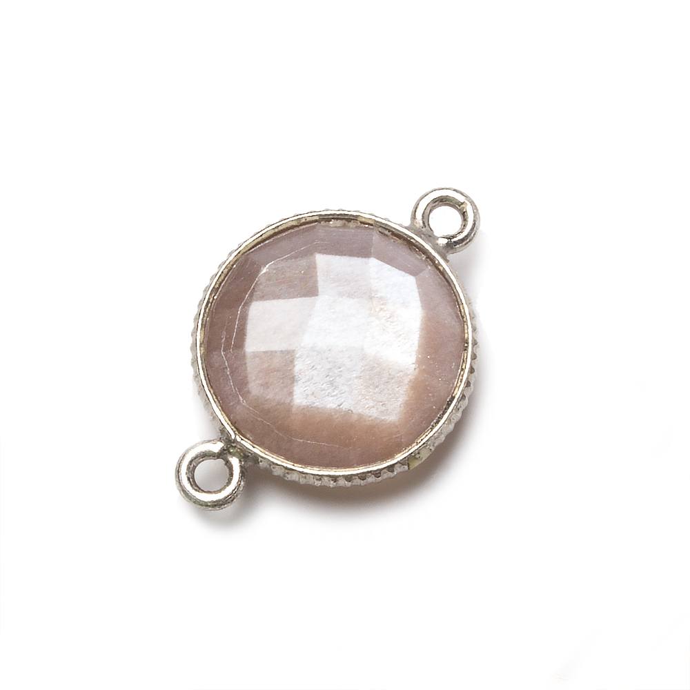 15mm Silver Corrugated Bezel Chocolate Moonstone coin 2 ring Connector 1 pc