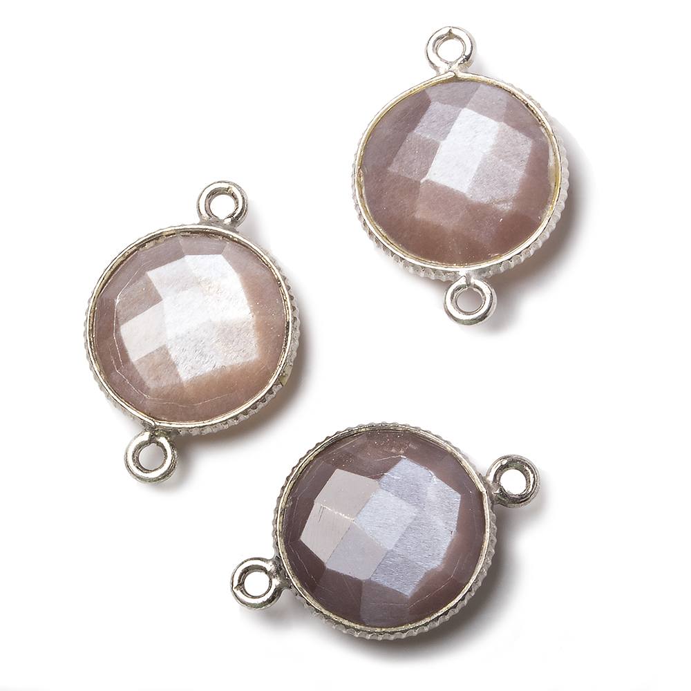 15mm Silver Corrugated Bezel Chocolate Moonstone coin 2 ring Connector 1 pc