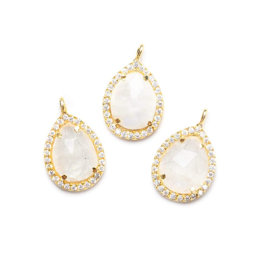 15x11mm Vermeil Bezeled White CZ and Rainbow Moonstone Pear Pendant 1 piece