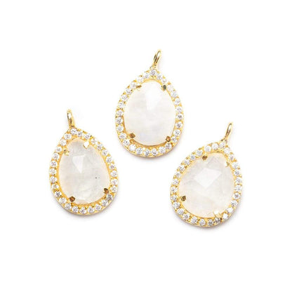 15x11mm Vermeil Bezeled White CZ and Rainbow Moonstone Pear Pendant 1 piece