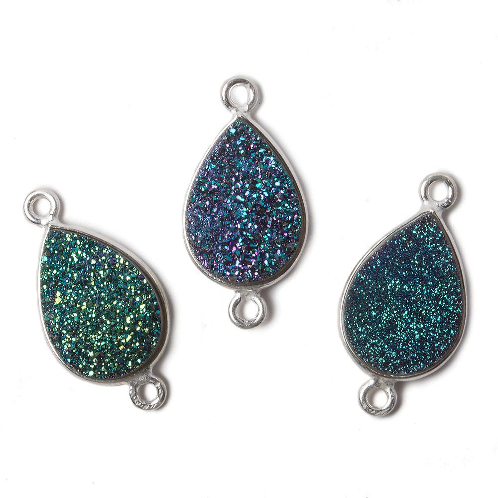15x11mm Silver Bezel Mystic Mermaid Green Drusy Pear Connector 1 piece