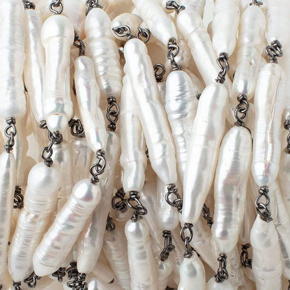 15x5-27x5mm White Biwa Pearls on Black Gold .925 Chain by the foot 10 pieces