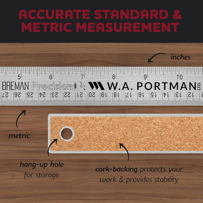 Metal Ruler 36 Inch Cork Back - Straight Edge 36 Inch Metal Ruler - Flexible & Non-Slip Stainless Steel - Imperial & Metric Graduations for Precision Measuring