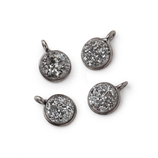 8mm Black Gold .925 Bezel Platinum Grey Drusy Coin Pendant Set of 4 Pieces