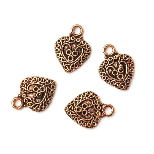 16x12mm Copper Heart Charm Elaborate Scrollwork Set of 4