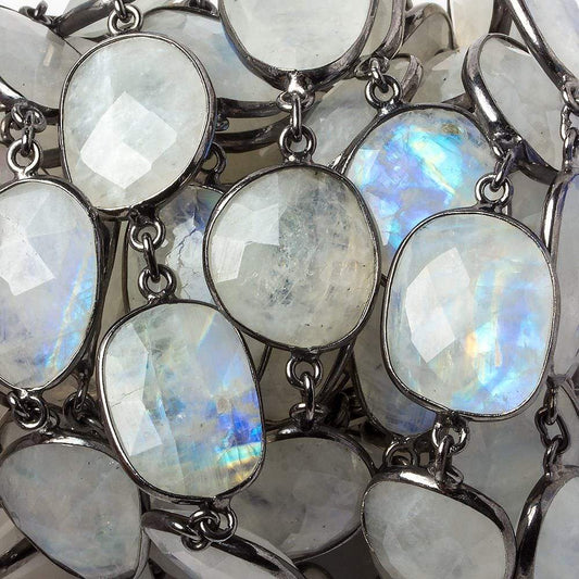 18x17-20x16mm Rainbow Moonstone nugget Black Gold .925 Bezeled Chain 11 inches