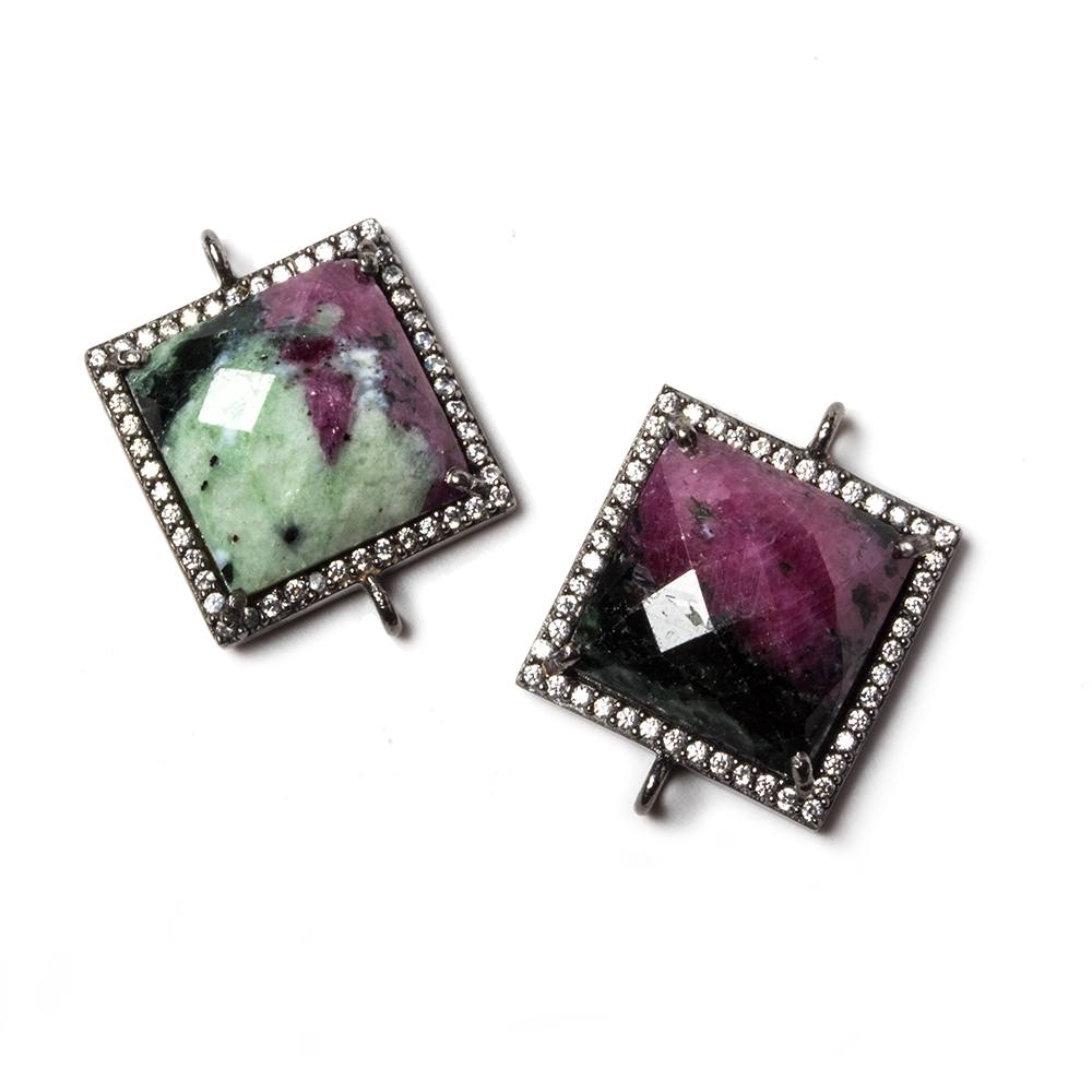 16x16mm Black Gold Bezel White CZ & Ruby in Zoisite Square Connector 1 pc