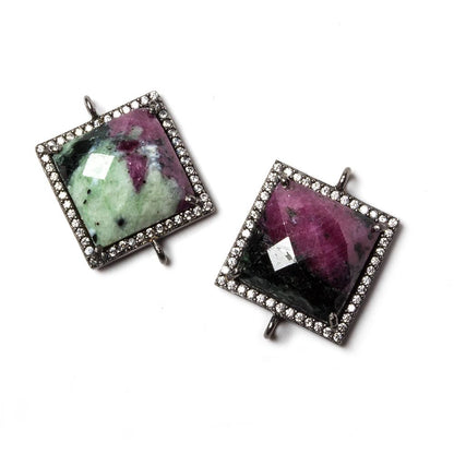 16x16mm Black Gold Bezel White CZ & Ruby in Zoisite Square Connector 1 pc
