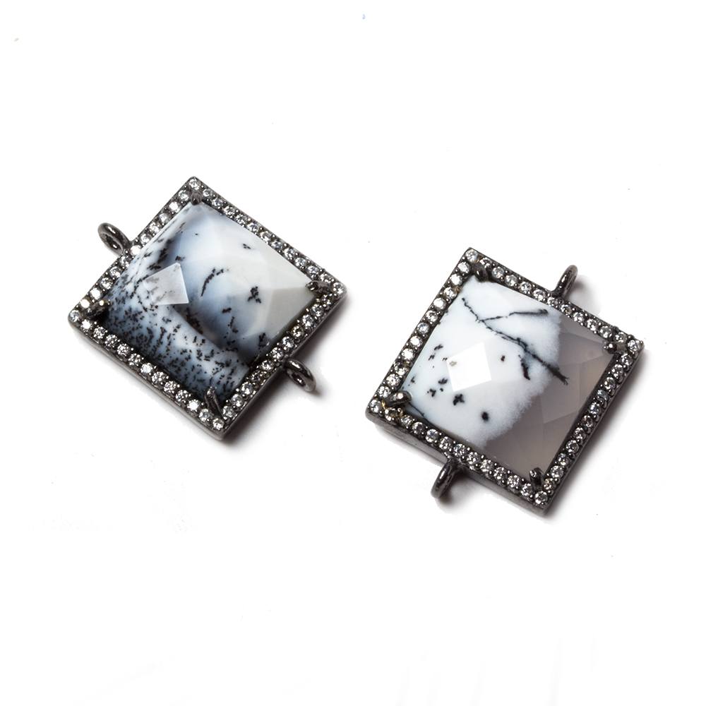 16x16mm Black Gold Bezeled White CZ & Dendritic Opal Square Connector 1 pc
