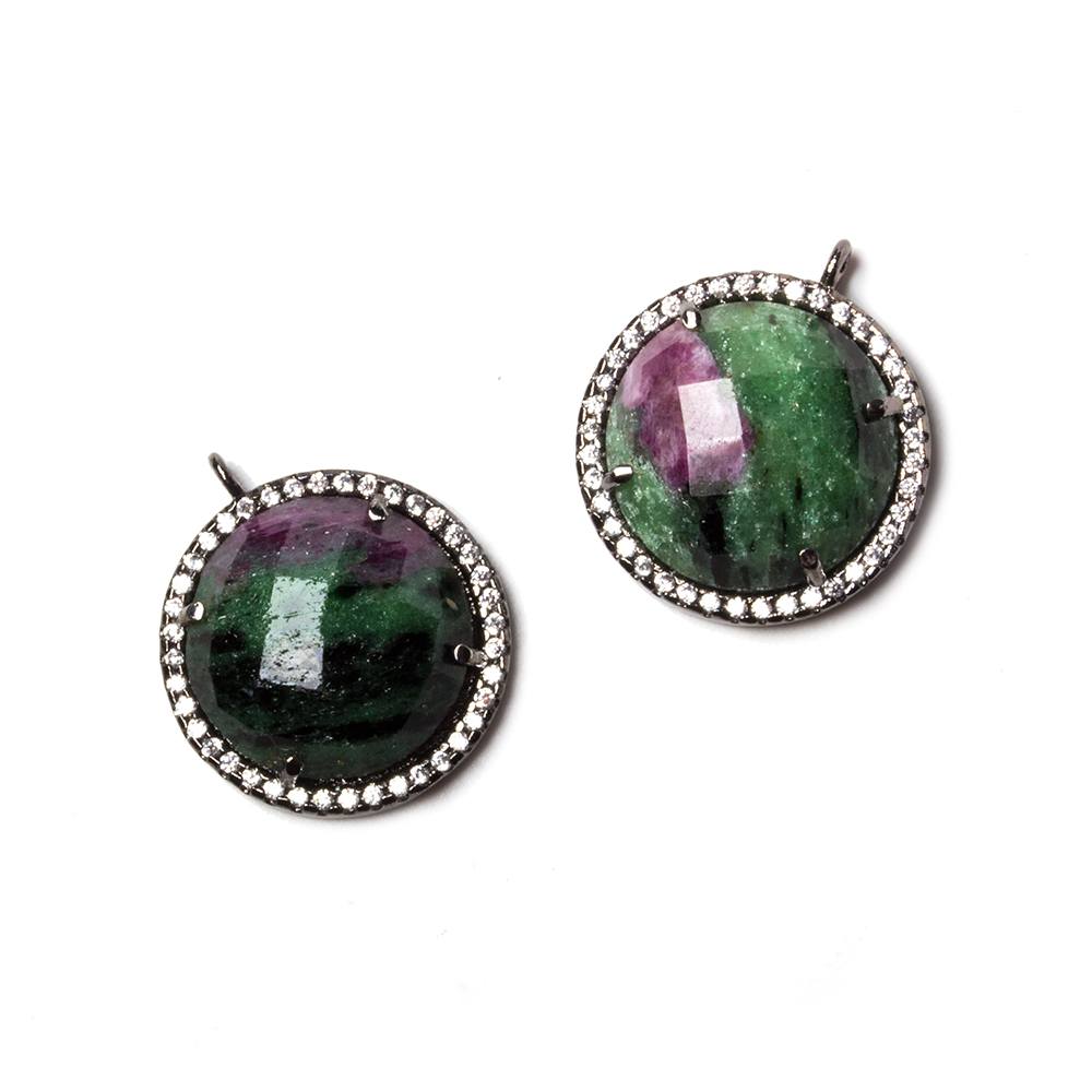 17mm Black Gold Bezel White CZ & Ruby in Zoisite Coin Pendant 1 pc