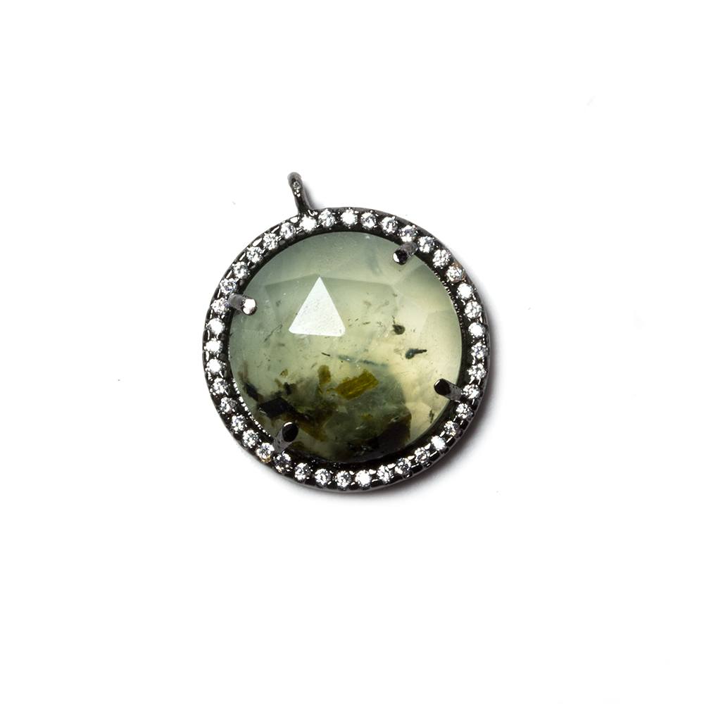 17mm Black Gold Bezeled White CZ & Dendritic Prehnite Coin Pendant 1 pc